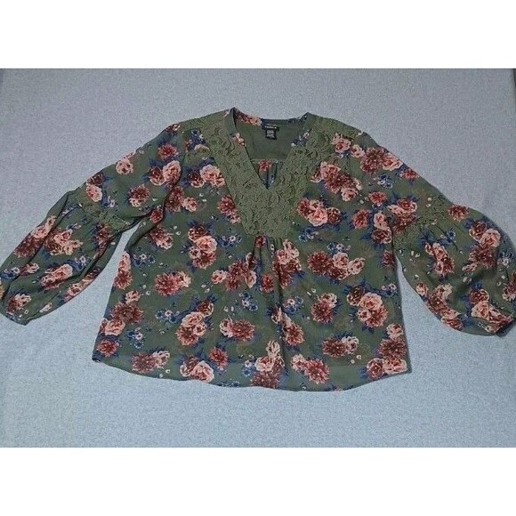 torrid Tops - Torrid Chiffon Peasant Lace Inset Long Sleeve Blouse 1 Green Floral Cottagecore